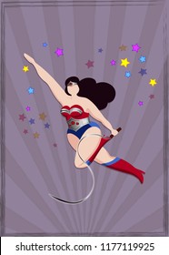 Poster of curvy superhero woman on brown background. Flat stile vector illustration. 