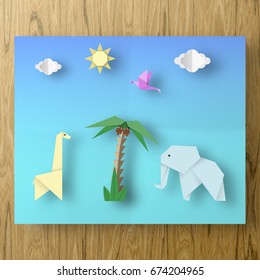 Poster with Cut Birds, Crab, Fish, Sun, Sky Style Paper Crafted Origami. Abstract Underwater Life. Publish Template Under the Water with Cutout Elements, Symbols. Vector Illustrations Art Design.