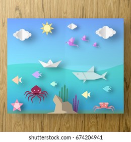 Poster with Cut Starfish, Birds, Fish, Sun, Sky Style Paper Crafted Origami. Abstract Underwater Life. Publish Template Under the Water with Cutout Elements, Symbols. Vector Illustrations Art Design.