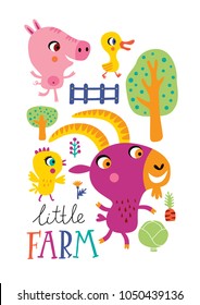 Poster with cute animals an white background. Childish vector illustration in vector.