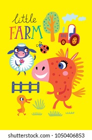 Poster with cute animals a yellow background. Childish vector illustration in vector.