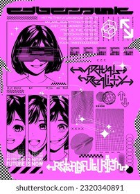 Afiche con lindas chicas de anime sobre el tema de la realidad virtual, el futuro, el ciberpunk, el retrofuturismo. Afiche rosa con chicas lindas de anime. Afiche japonés al estilo manga. Afiche Y2K para tipografía. Vector