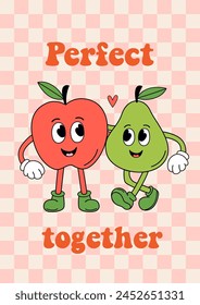poster with cute apple and pear on a checkered background