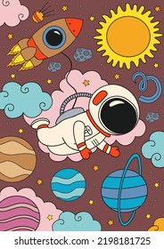 poster with cute astronaut flying in space