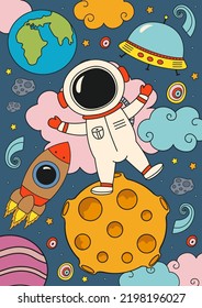 poster with cute astronaut on the moon in space