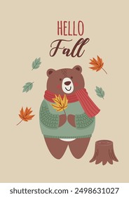 Cartel con el oso y la hoja lindos del otoño