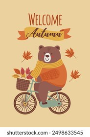 Cartel con el oso lindo del otoño en una bicicleta