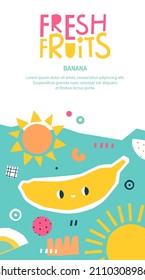 Poster with a cute banana. Vector flyer for children's menu and packaging