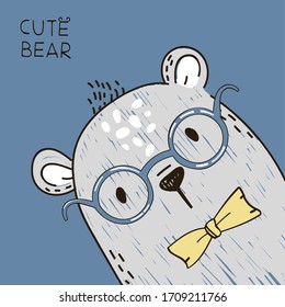 A poster with a cute bear with glasses and a yellow Bowtie.  Print for baby clothes, t-shirts.  Muzzle of a bear on a blue background.
