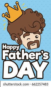 Poster With Cute Bearded Dad With A Crown Winking At You For The King Of The Family In Father's Day Celebration.