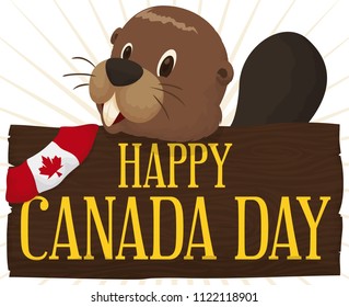 Poster with a cute beaver behind wooden sign decorated with Canadian flag and golden text to celebrate Canada Day.