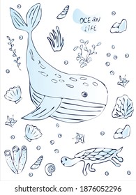 Poster with cute blue whale and a funny turtle. hand-drawn in watercolor style. vector illustration, eps