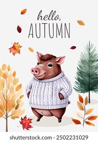 Poster with cute boar and gold leaves. Autumn background, banner, flyer design. Autumnal template