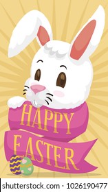 Poster with cute bunny wrapped in a greeting ribbon celebrating Easter event with some decorated eggs.
