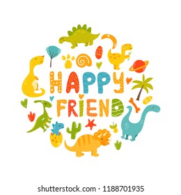 Poster with cute cartoon dinos characters. Suitable for prints, greetings
