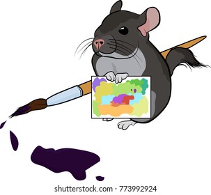 poster with cute cartoon painter chinchilla. Always wear your invisible crown. Illustration of cartoon pet with text in flat style isolated on white