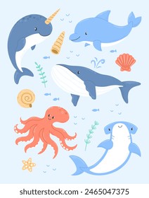 A poster with cute cartoon sea animals on a blue background. Vector illustration design card with whale, dolphin, octopus, shark, narwhal, seashells