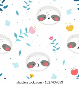 Poster with cute cartoon sloth. Background with animal. Girl power