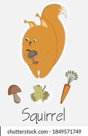 A poster with a cute, cartoonish red squirrel holding an acorn in its paws.