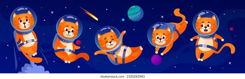 Poster with cute cat astronaut characters in outer space. Adorable kittens in spacesuits and helmets flying among planets and stars on a dark blue background. Cartoon vector illustration.