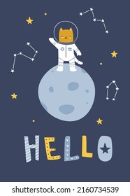 Poster with cute cat astronaut on the moon surface. Vector print with kitten cosmonaut and lettering.