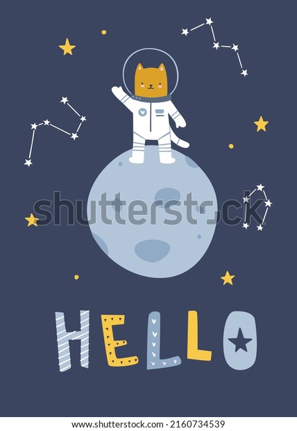 Poster with cute cat\
astronaut on the moon surface. Vector print with kitten cosmonaut\
and lettering.