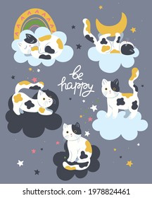 Poster with cute cats and clouds. Vector graphics.