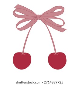 Cartel con cerezas lindas con un lazo rosa sobre un fondo blanco 