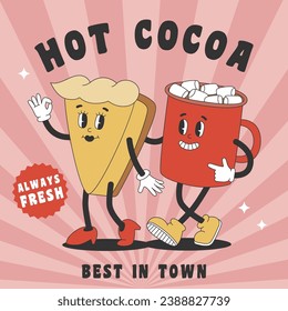 Poster with cute cocoa cup and cheesecake characters in groovy style. Template for poster, banner, flyer menu design in trendy retro style. Vector illustration