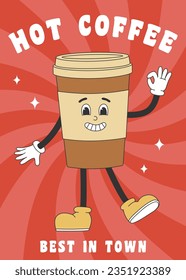 Poster with cute coffee cup character in groovy style. Template for poster, banner, flyer menu design in trendy retro style. Vector illustration