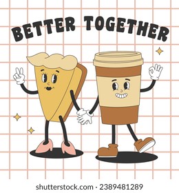 Poster with cute coffee cup and cheesecake characters in groovy style. Template for poster, banner, flyer menu design in trendy retro style. Vector illustration