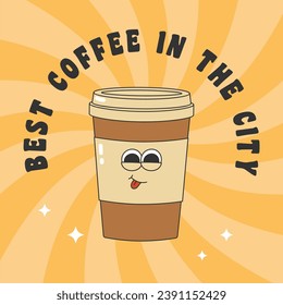 Poster with cute coffee cup in groovy style and text. Template for poster, banner, flyer menu design in trendy retro style. Vector illustration