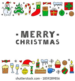 Poster with cute colored doodle Christmas and New Year icons including snowman, fir tree, presents, socks, champagne, snowflakes, candy cane, panettone, garland, etc isolated on white background.