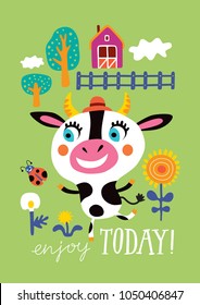 Poster with a cute cow on a green background. Childish vector illustration in vector.