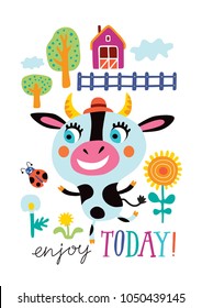 Poster with a cute cow on a white background. Childish vector illustration in vector.