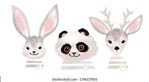 A poster with a cute deer, panda and rabbit. Delicate postcard, clip-art for the design and decoration of the nursery, baby shower. Vector illustration on a white background