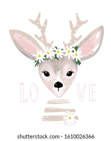 Poster with a cute deer with a wreath of daisies on his head. Delicate postcard with a deer, clip-art for design of nursery, baby shower. Vector illustration isolated on white.