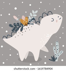 poster with cute dino and flower - vector illustration, eps