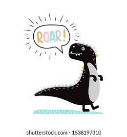 Poster of cute dino in scandinavian style vector illustration. Animal character with roar drawing icon in black color. Standing dragon with angry mood