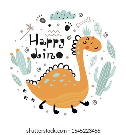 Poster with cute dinosaur and lettering. Childish design for birthday invitation, poster, clothing, nursery wall art and card.