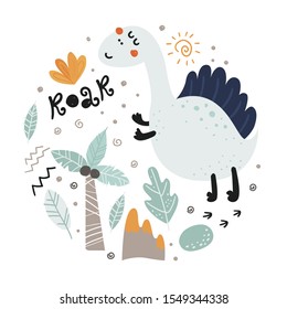 Poster with cute dinosaur and lettering. Childish design for birthday invitation, poster, clothing, nursery wall art and card.