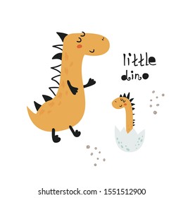 Poster with cute dinosaur and lettering. Childish design for birthday invitation, poster, clothing, nursery wall art and card.