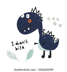 Poster with cute dinosaur and lettering. Childish design for birthday invitation, poster, clothing, nursery wall art and card.