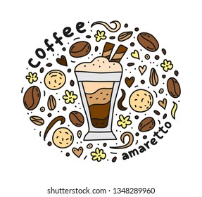 Poster with cute doodle amaretto coffee drink and beans, cookies, spices, dots around.