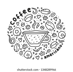 Poster with cute doodle americano coffee drink and beans, cookies candies, spices, dots around.