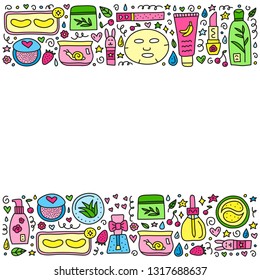 Poster with cute doodle colored asian cosmetics, swirls, symbols around.