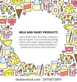 Poster with cute doodle colored dairy products isolated on white background. Farm milk products and cow.