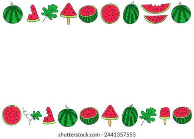 Poster with cute doodle colored watermelon slices isolated on white background.