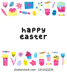 Poster with cute doodle colorful Easter icons and lettering.