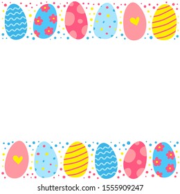 Poster with cute doodle colorful Easter eggs and space for text on white background.